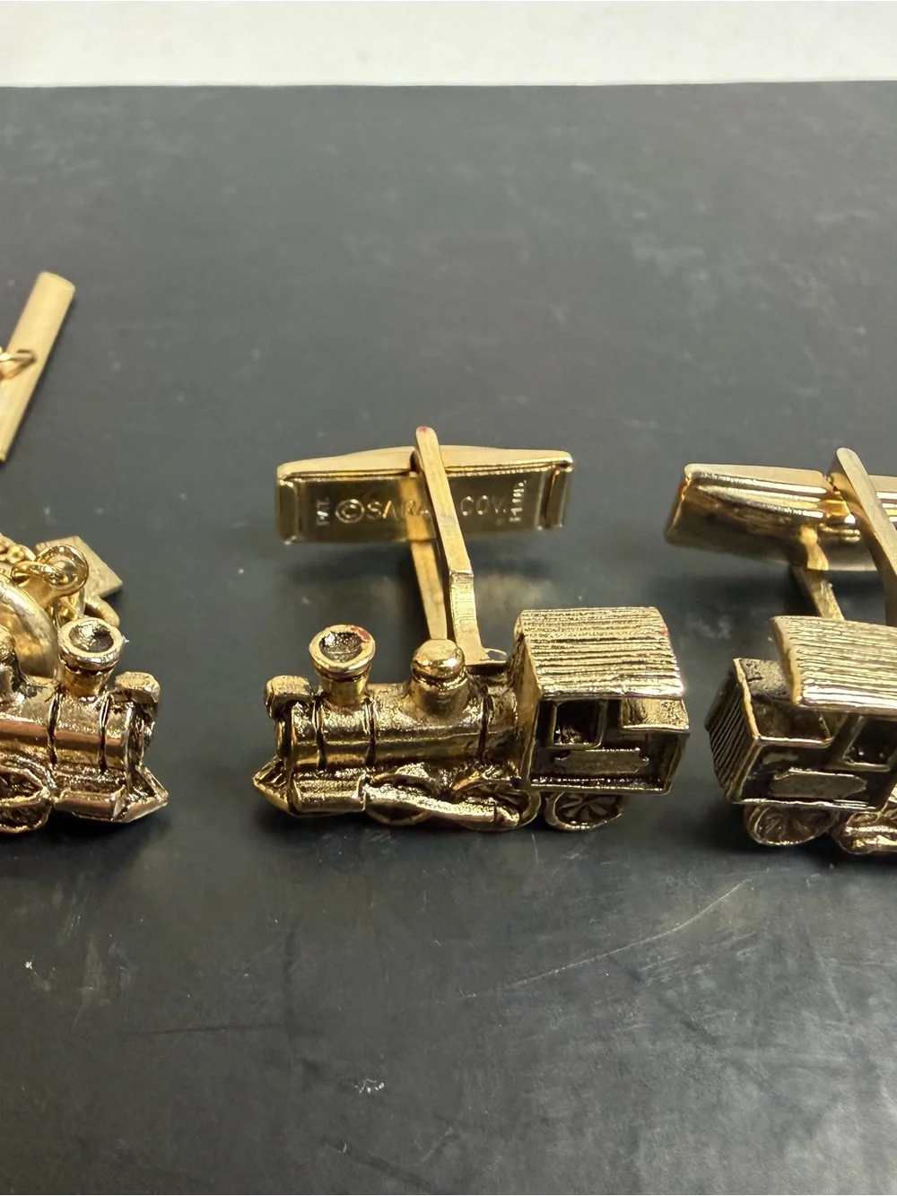 Gold Tone Train Engine Cuff Links and Tie Pin - Sarah Coventry Locomotive Suit